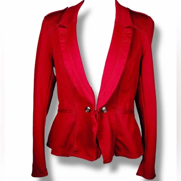 White House Black Market Womens Red Peplum Blazer Jacket Size 10 Gold Button - Picture 3 of 16